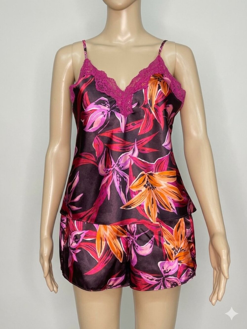 Linea Donatella Floral Satin Lace Trim Cami and Shorts Pajama Set Size Small